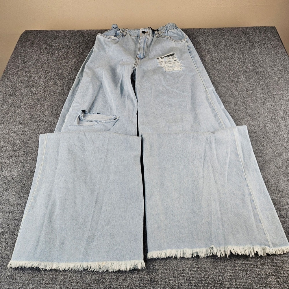 GJG Denim Los Angeles Wide Leg Distressed‎ Jeans Light Wash Blue WL13 Size L NEW